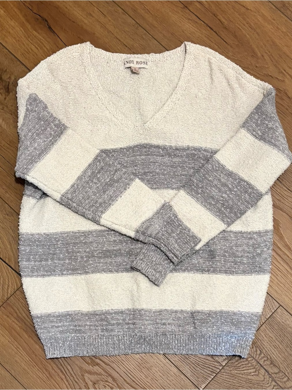 Knox Rose Cream and Light Gray Striped V-Neck Sweater